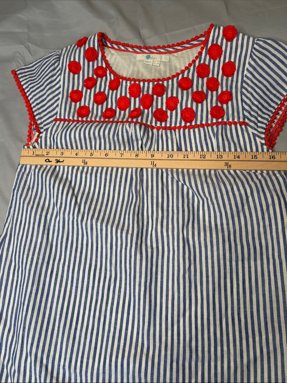 Boden Blue and White Striped Dress with Red Pom Accents Size 2 2R - Picture 3 of 11